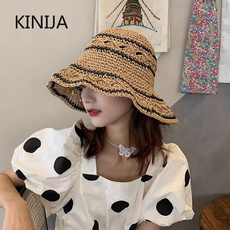 Bucket Hat Straw - หมวกฤดูร้อนผู้หญิงหมวกฟางหมวกกันแดดพับหมวกกันแดดสไตล์เกาหลีอุปกรณ์ชายหาด Sunhat หมวกถังสาว자